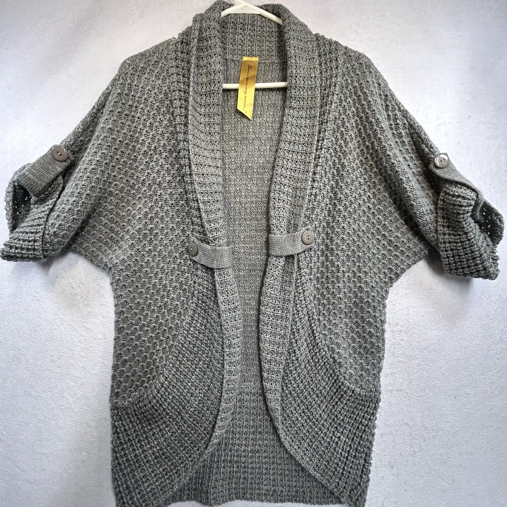 Women's Open Front Knit Gray Cardigan Size L Button Accents